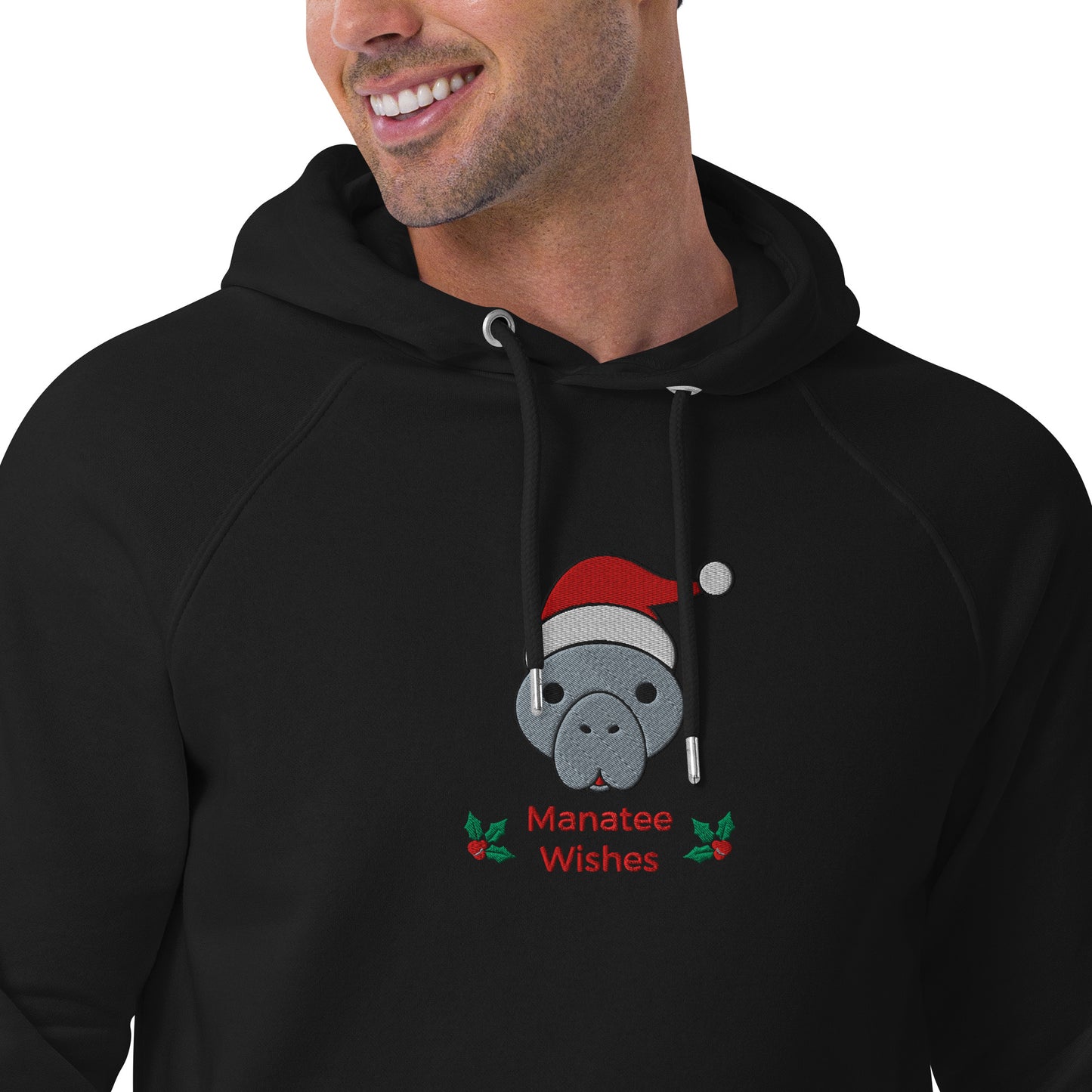 Manatee Holiday Wishes Christmas Eco Friendly Adult Unisex Embroidered Hoodie