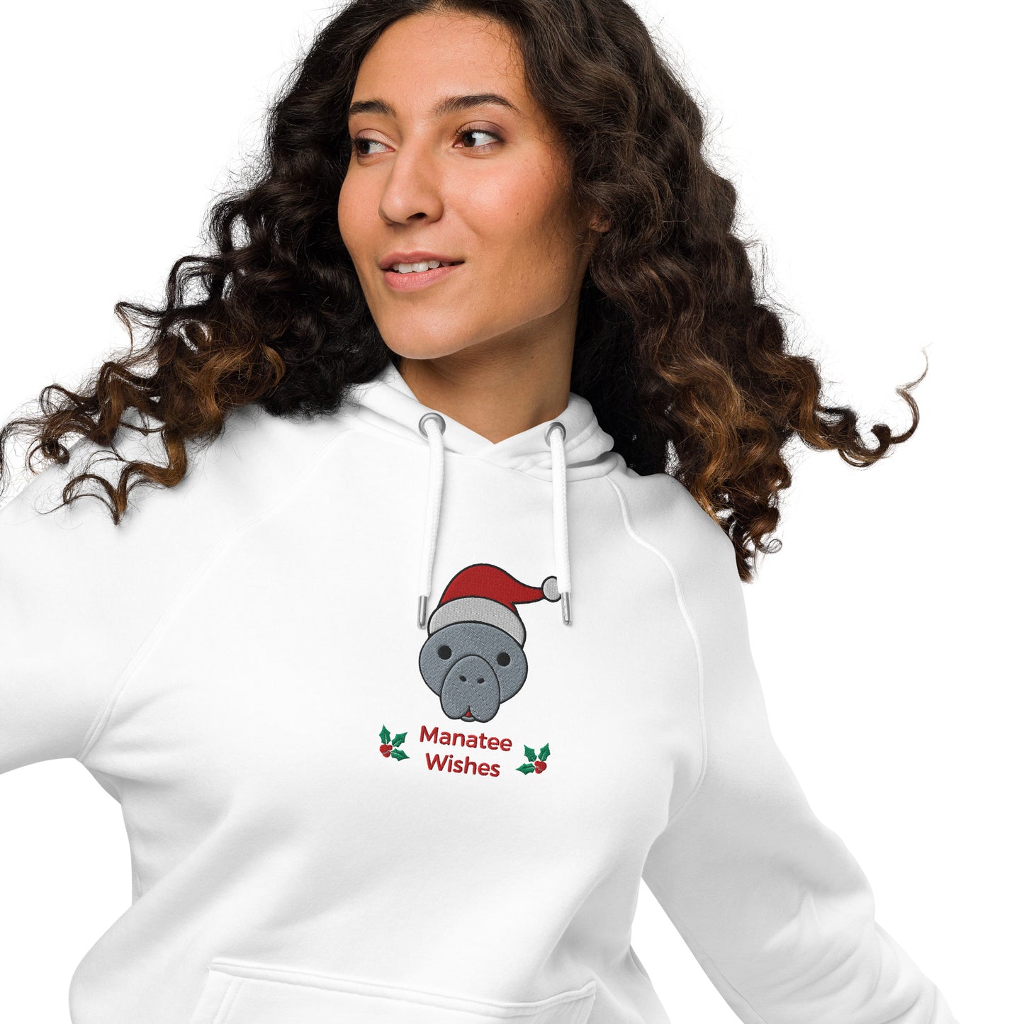 Manatee Holiday Wishes Christmas Eco Friendly Adult Unisex Embroidered Hoodie