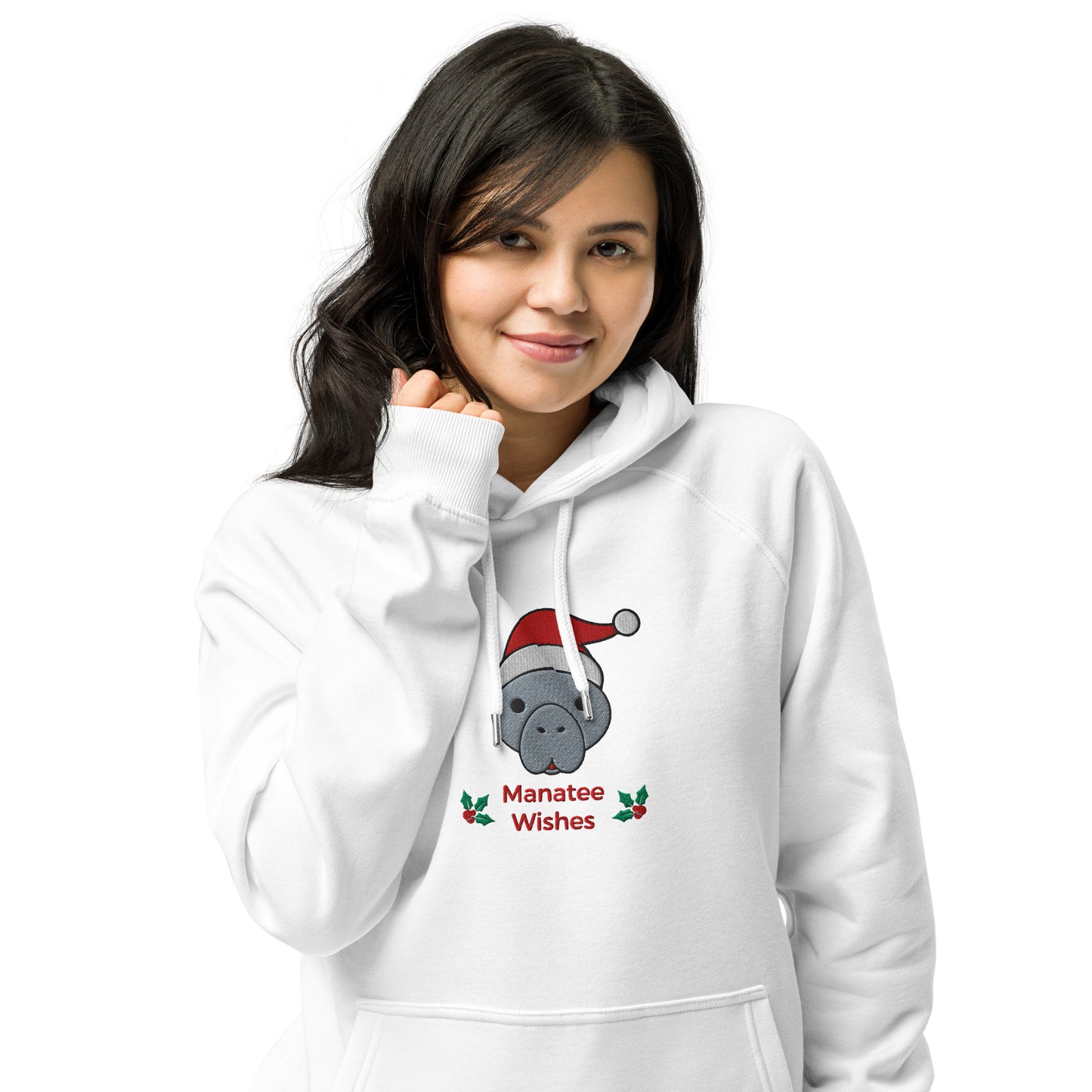 Manatee Holiday Wishes Christmas Eco Friendly Adult Unisex Embroidered Hoodie
