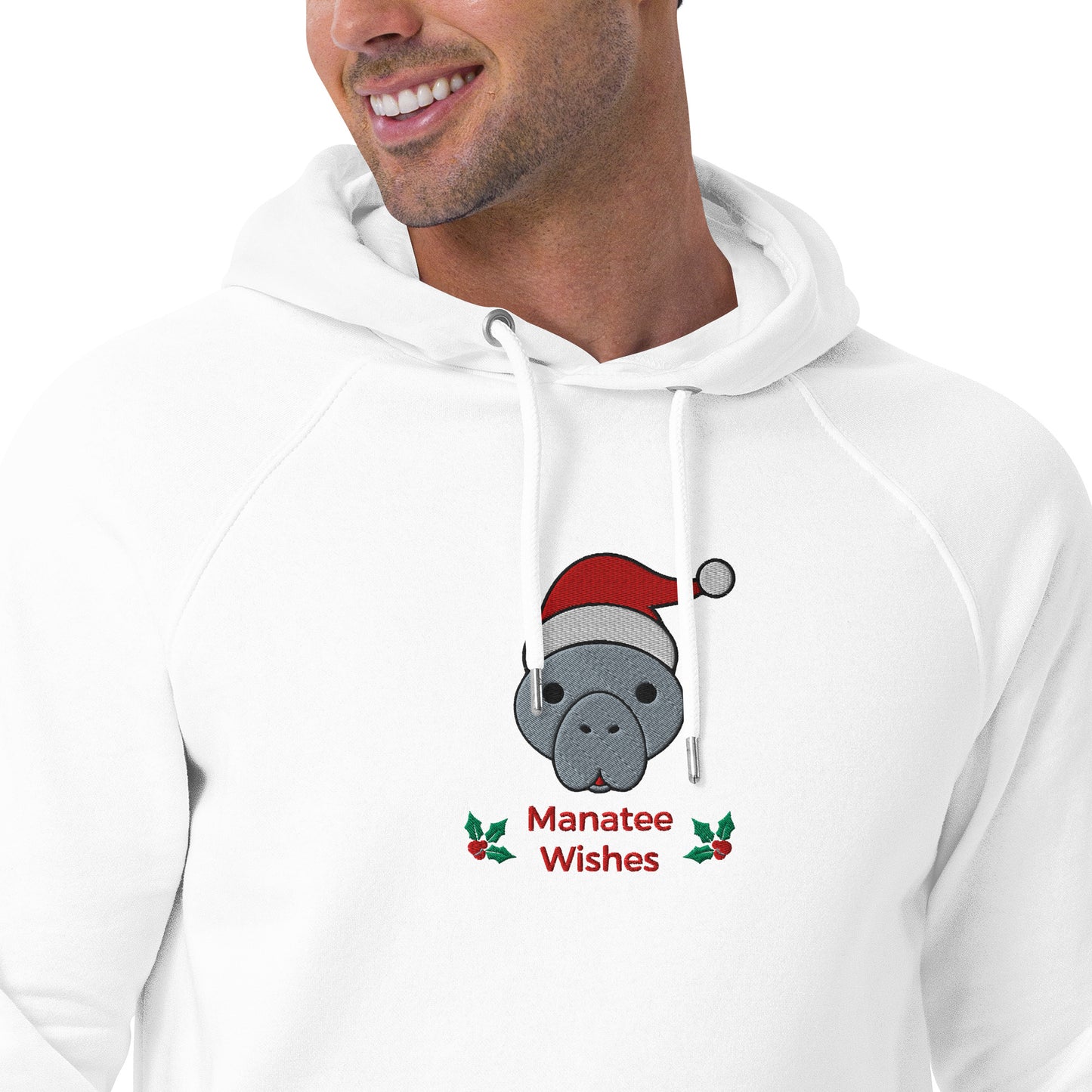 Manatee Holiday Wishes Christmas Eco Friendly Adult Unisex Embroidered Hoodie