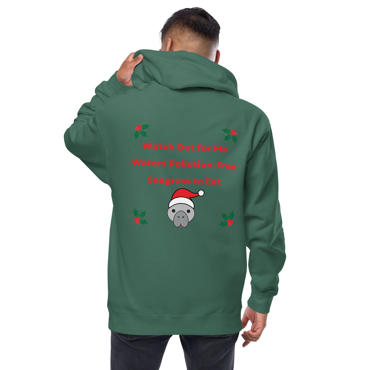 Christmas Manatee Embroidered Adult Unisex Fleece Zip Up Hoodie