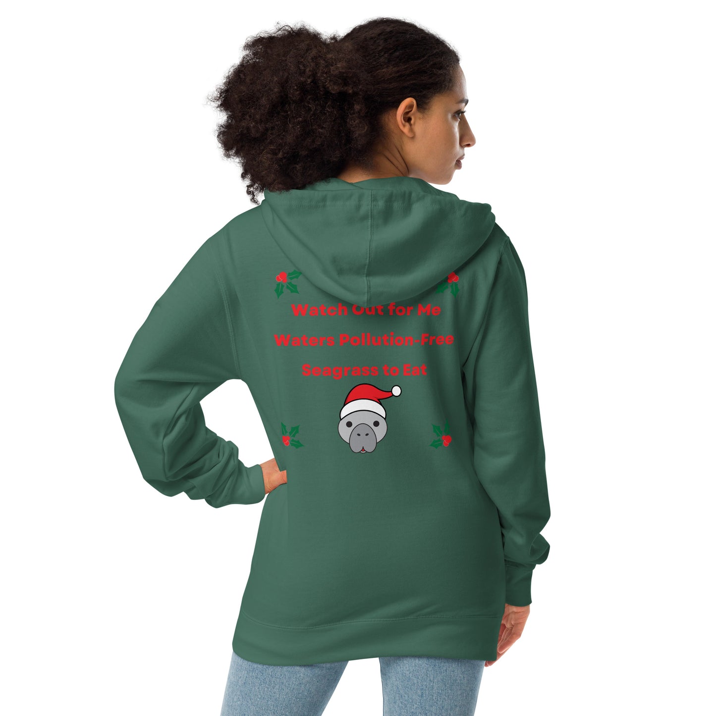 Christmas Manatee Embroidered Adult Unisex Fleece Zip Up Hoodie