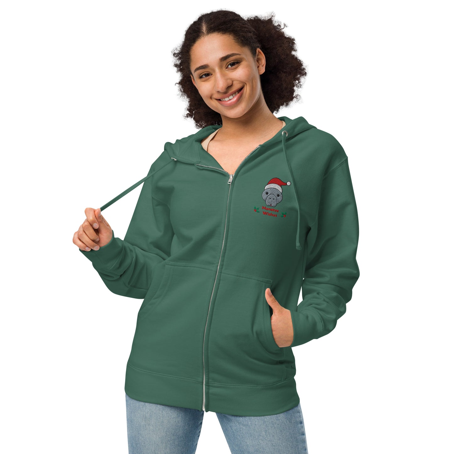 Christmas Manatee Embroidered Adult Unisex Fleece Zip Up Hoodie