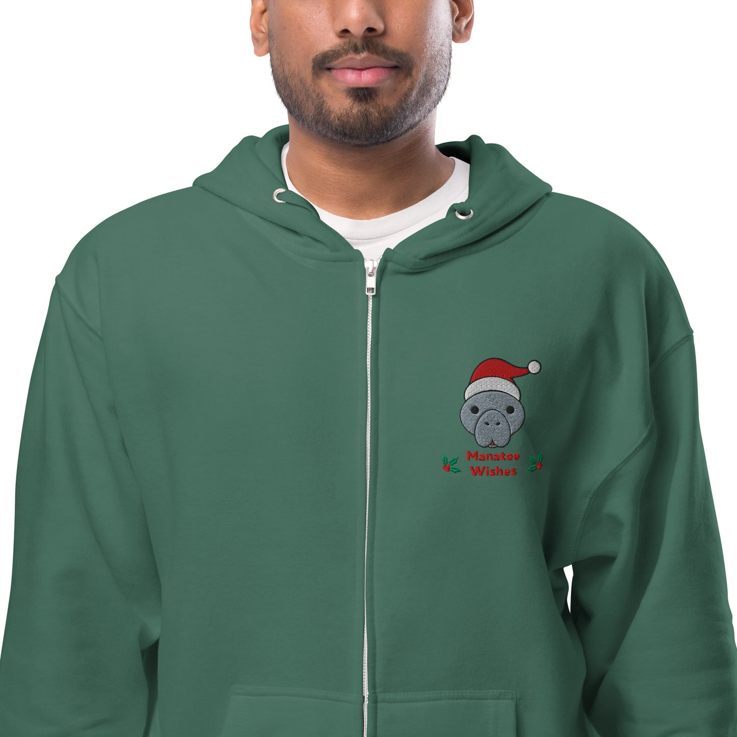 Christmas Manatee Embroidered Adult Unisex Fleece Zip Up Hoodie