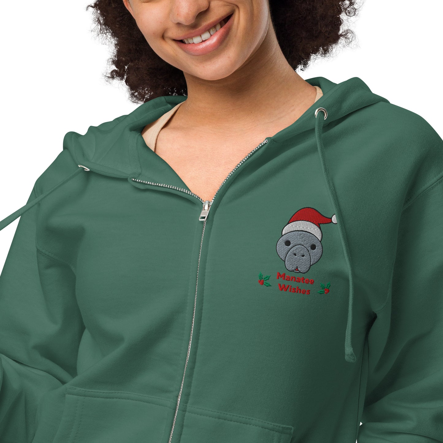 Christmas Manatee Embroidered Adult Unisex Fleece Zip Up Hoodie