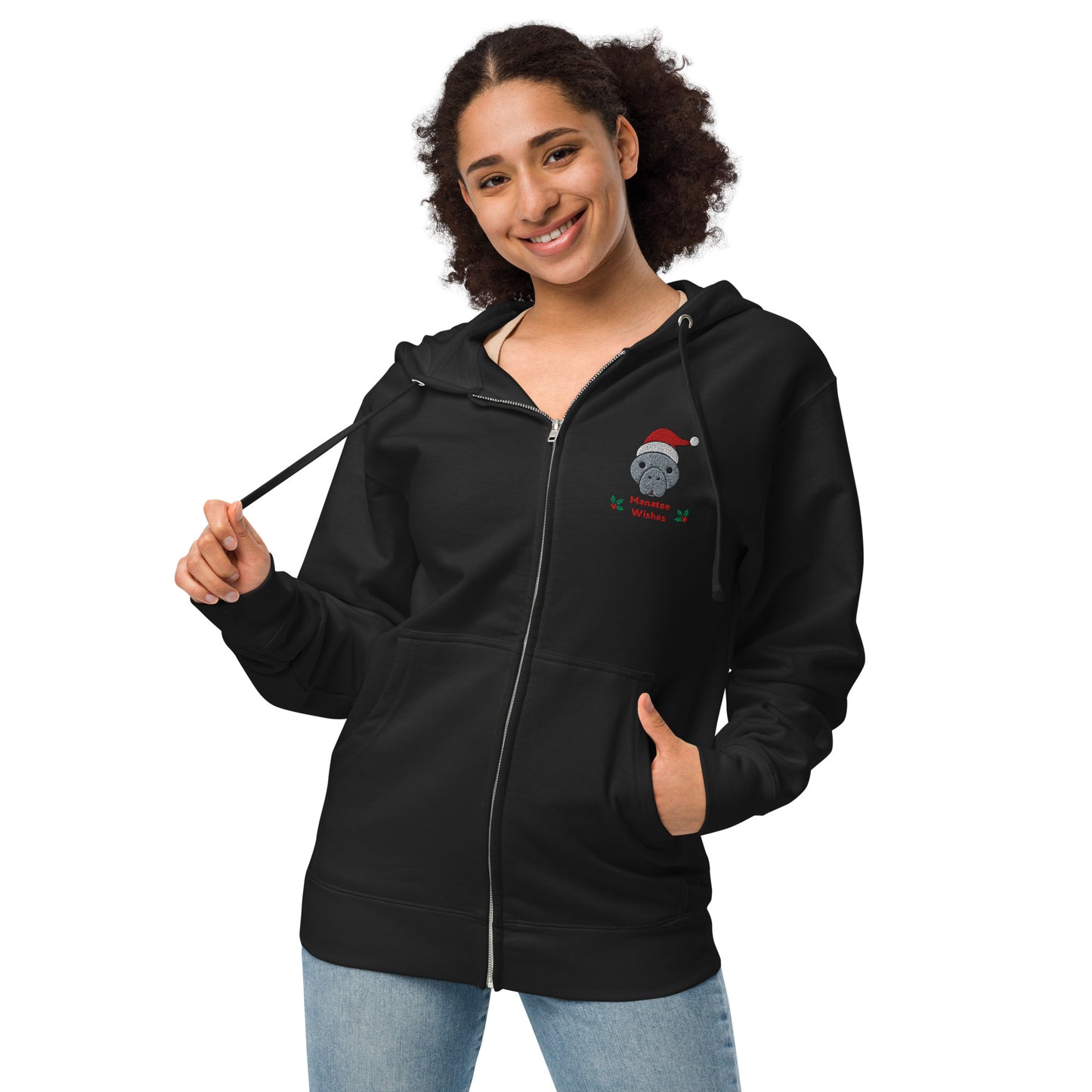 Christmas Manatee Embroidered Adult Unisex Fleece Zip Up Hoodie