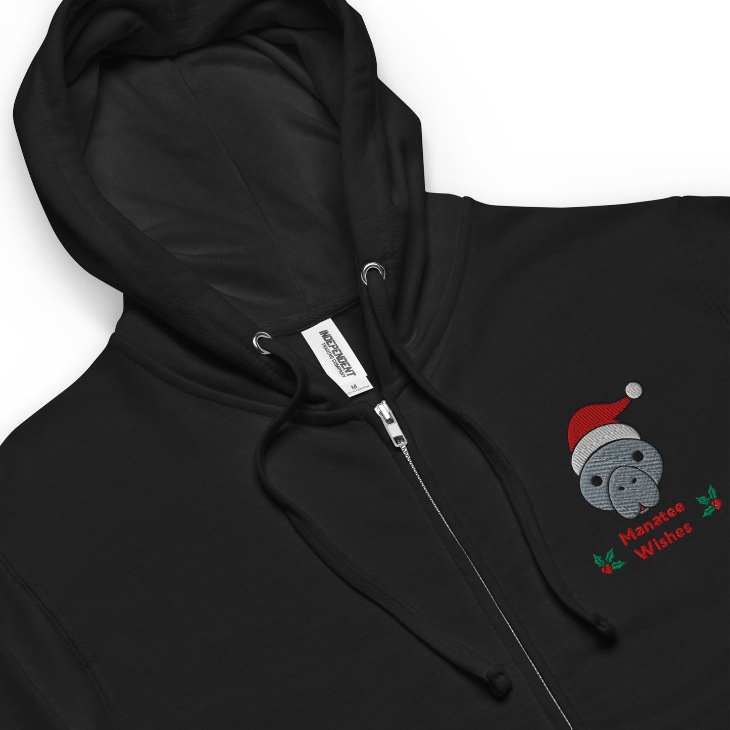 Christmas Manatee Embroidered Adult Unisex Fleece Zip Up Hoodie