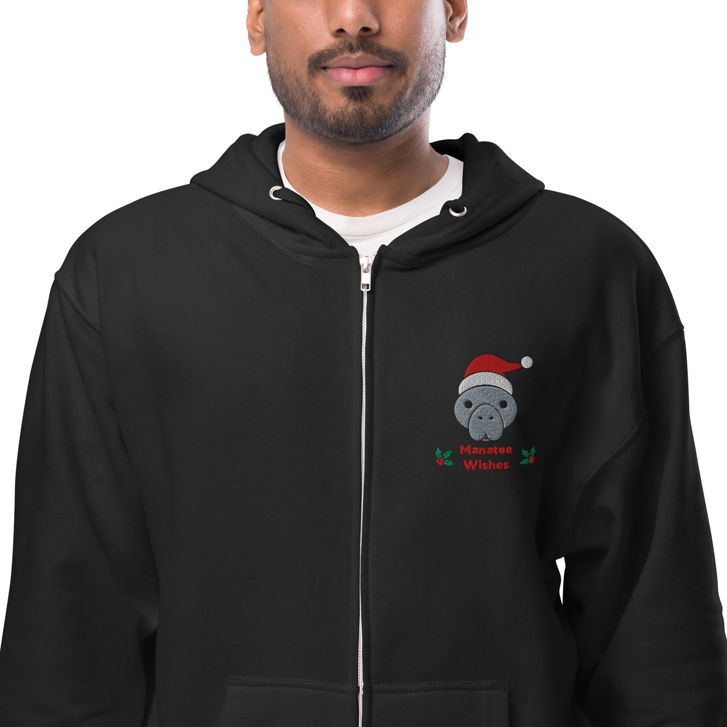 Christmas Manatee Embroidered Adult Unisex Fleece Zip Up Hoodie