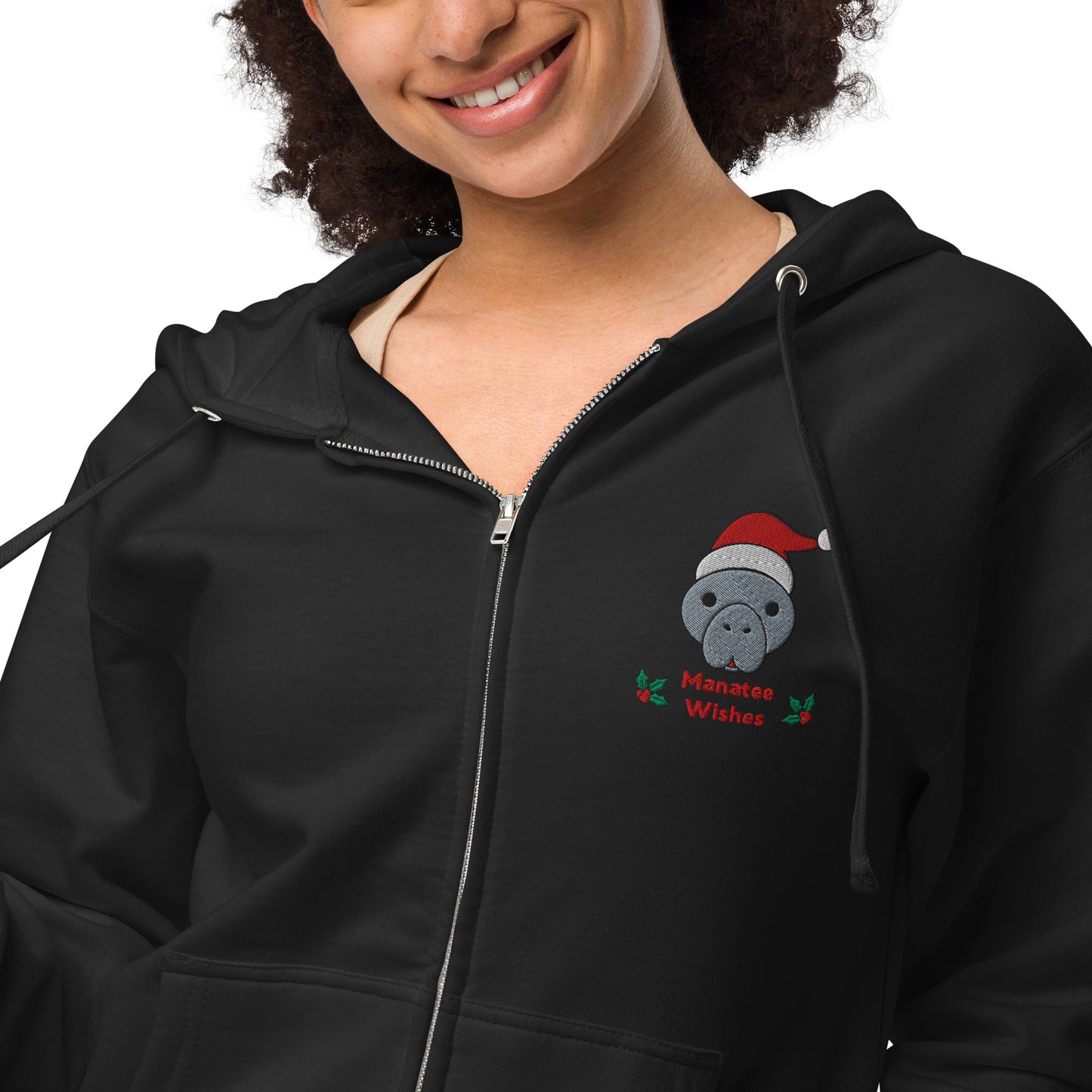 Christmas Manatee Embroidered Adult Unisex Fleece Zip Up Hoodie