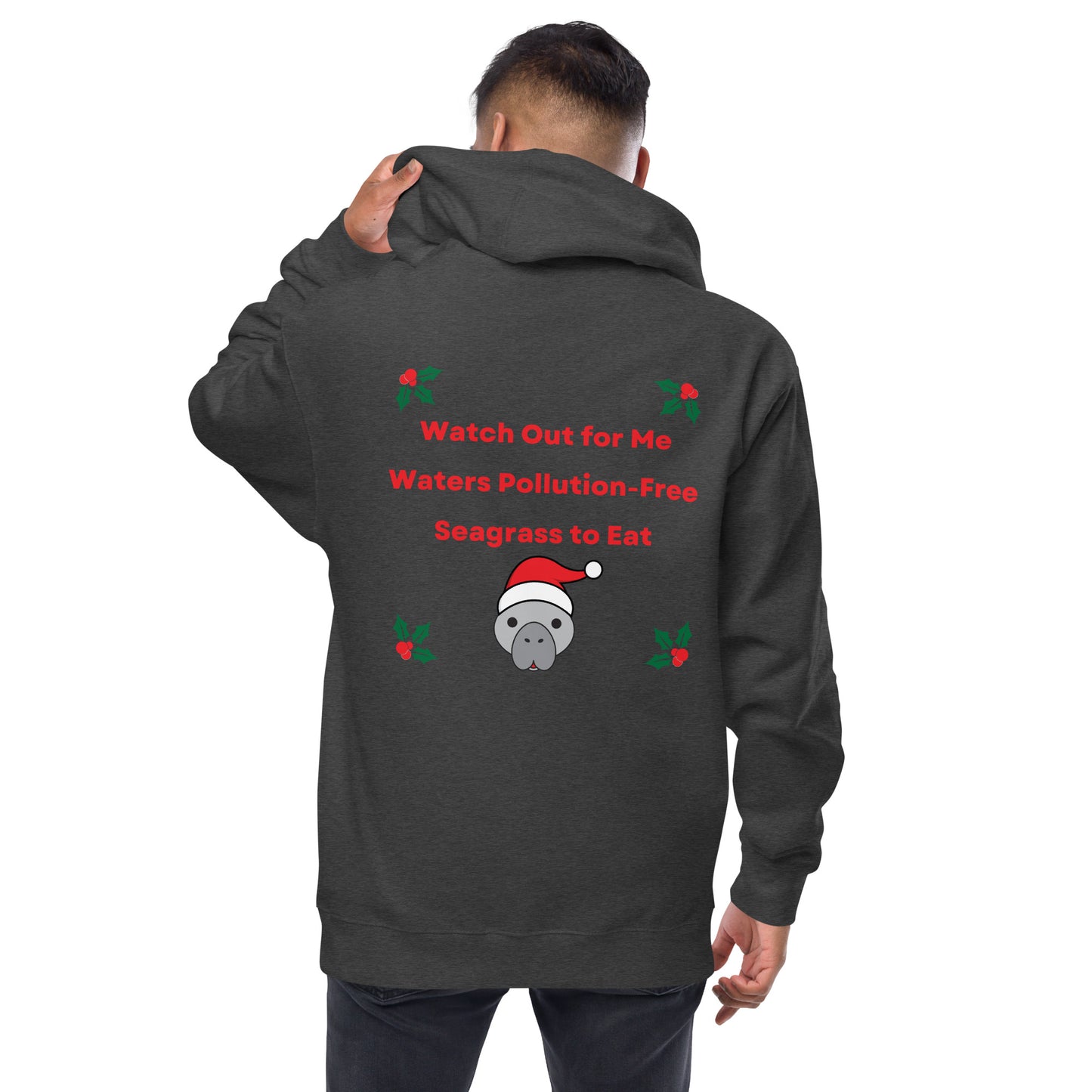 Christmas Manatee Embroidered Adult Unisex Fleece Zip Up Hoodie