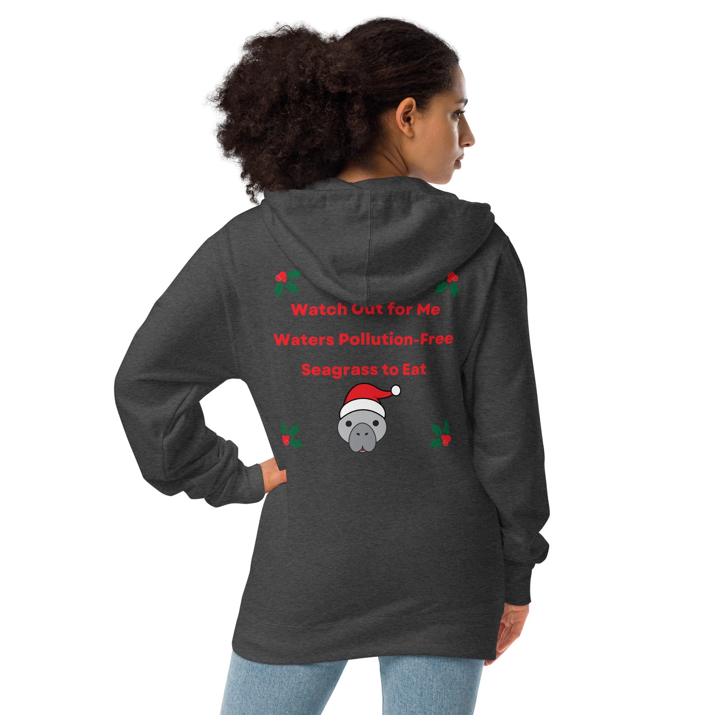 Christmas Manatee Embroidered Adult Unisex Fleece Zip Up Hoodie