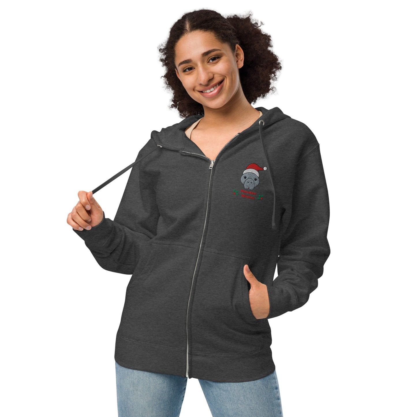 Christmas Manatee Embroidered Adult Unisex Fleece Zip Up Hoodie