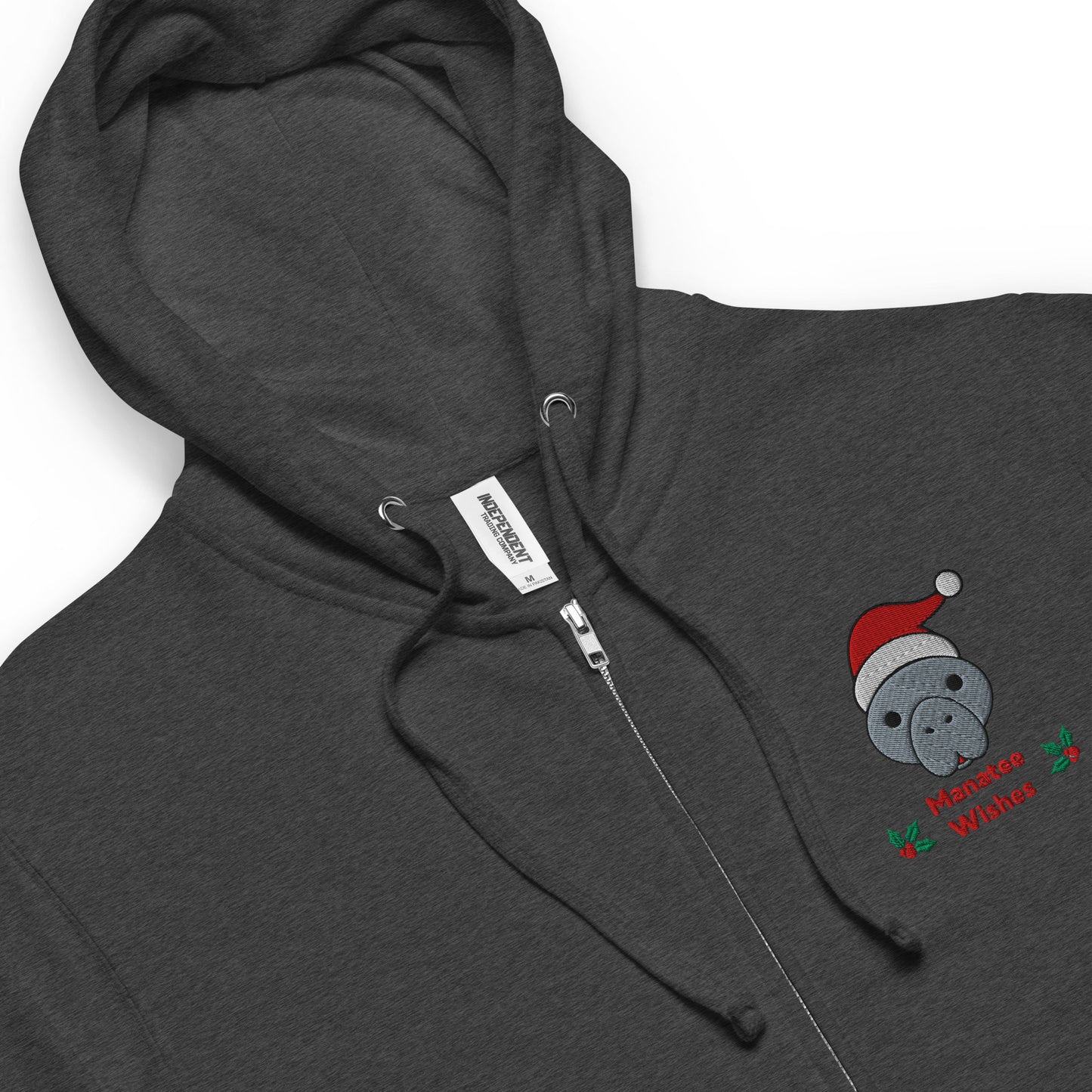 Christmas Manatee Embroidered Adult Unisex Fleece Zip Up Hoodie