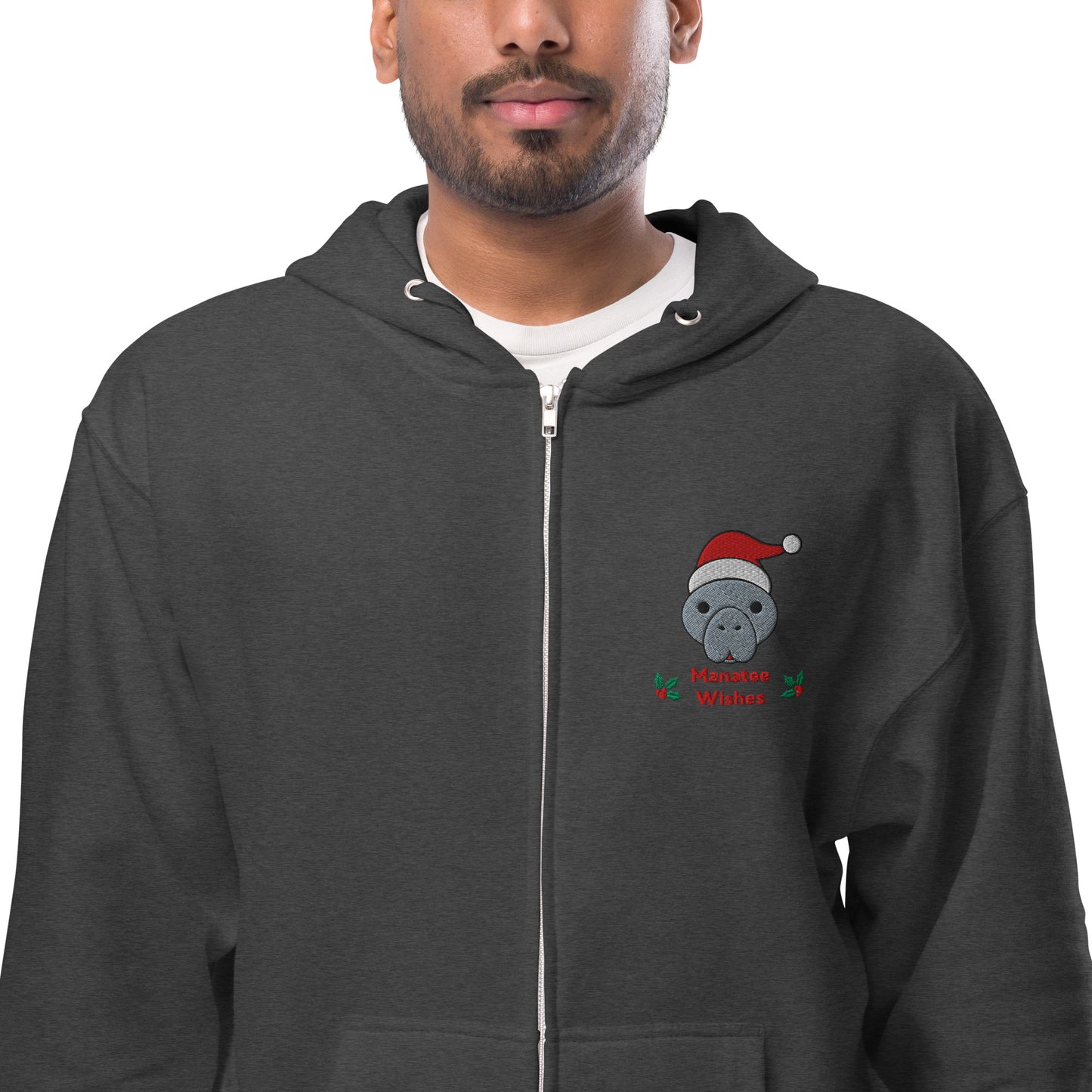 Manatee Holiday Wishes Christmas Embroidered Adult Unisex Zip Up Hoodie