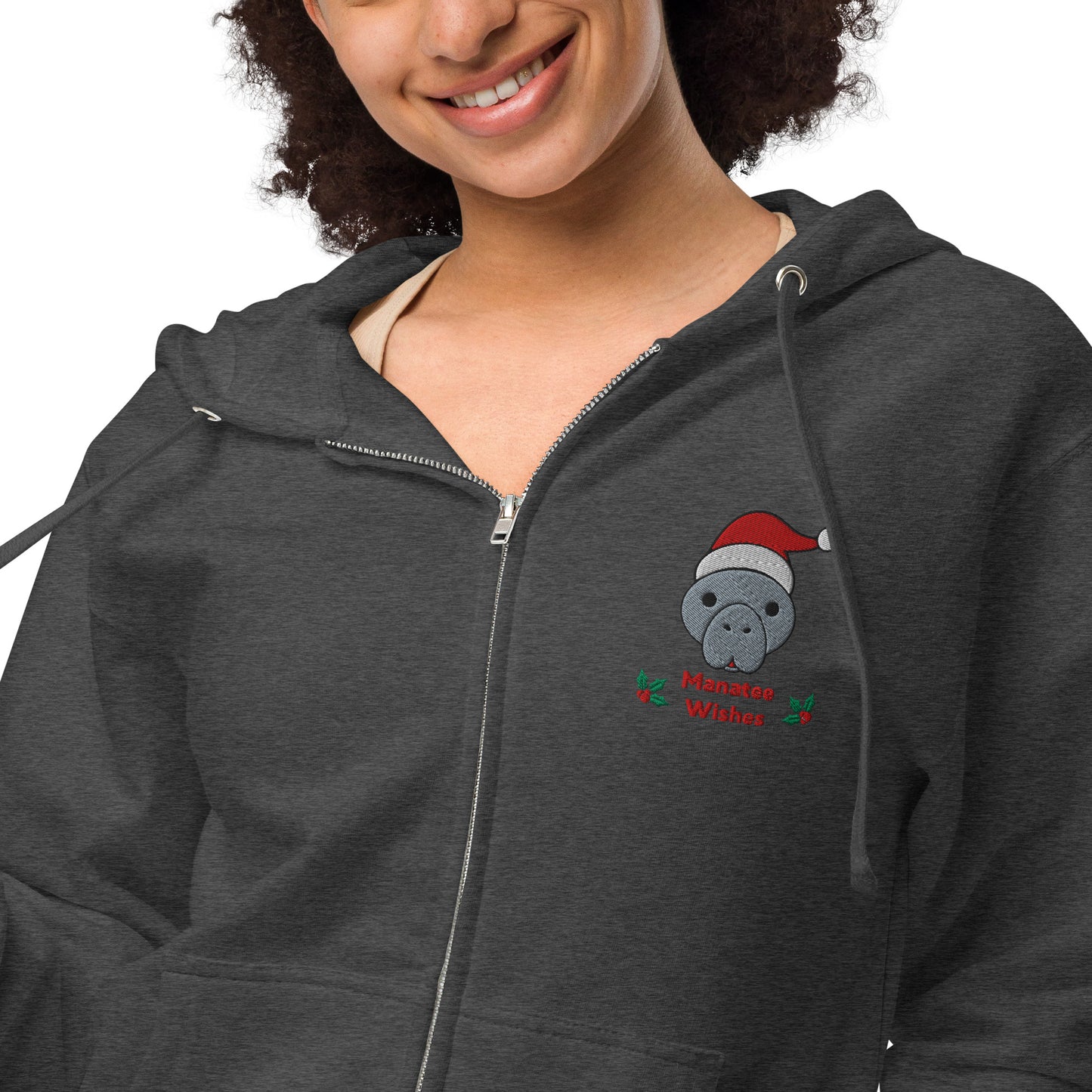 Christmas Manatee Embroidered Adult Unisex Fleece Zip Up Hoodie