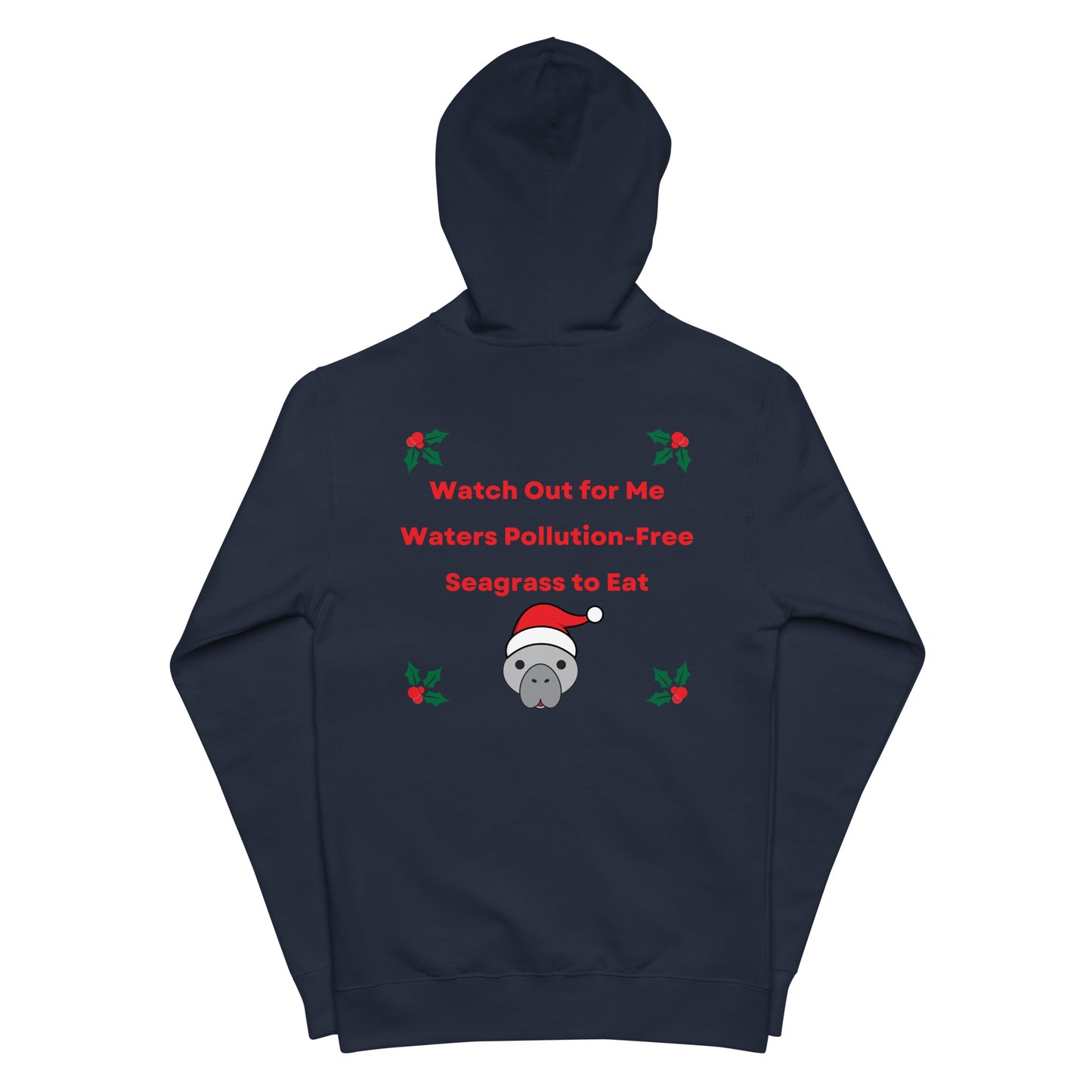 Manatee Holiday Wishes Christmas Embroidered Adult Unisex Zip Up Hoodie