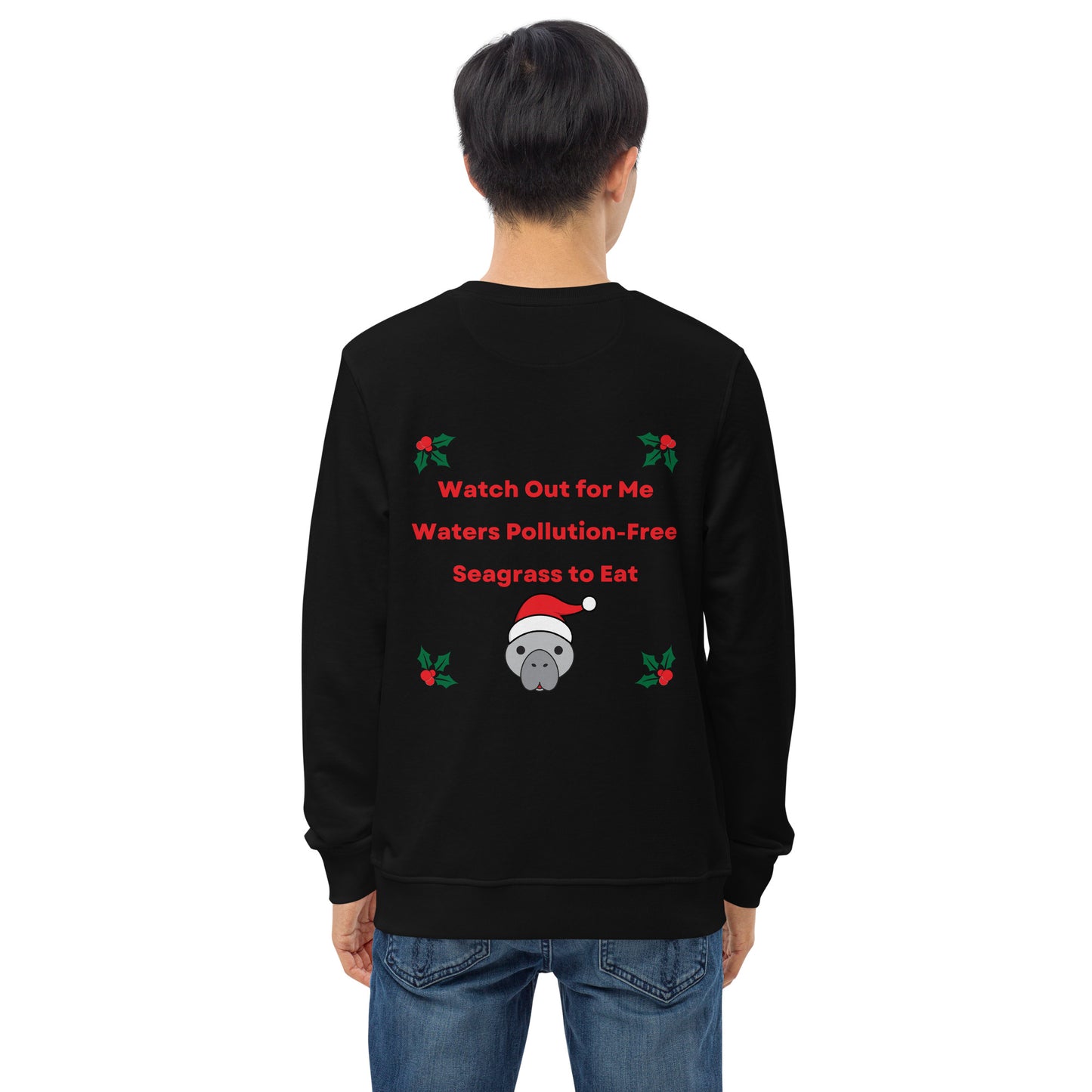 Manatee Holiday Wishes Christmas Eco Friendly Embroidered Crewneck Sweatshirt