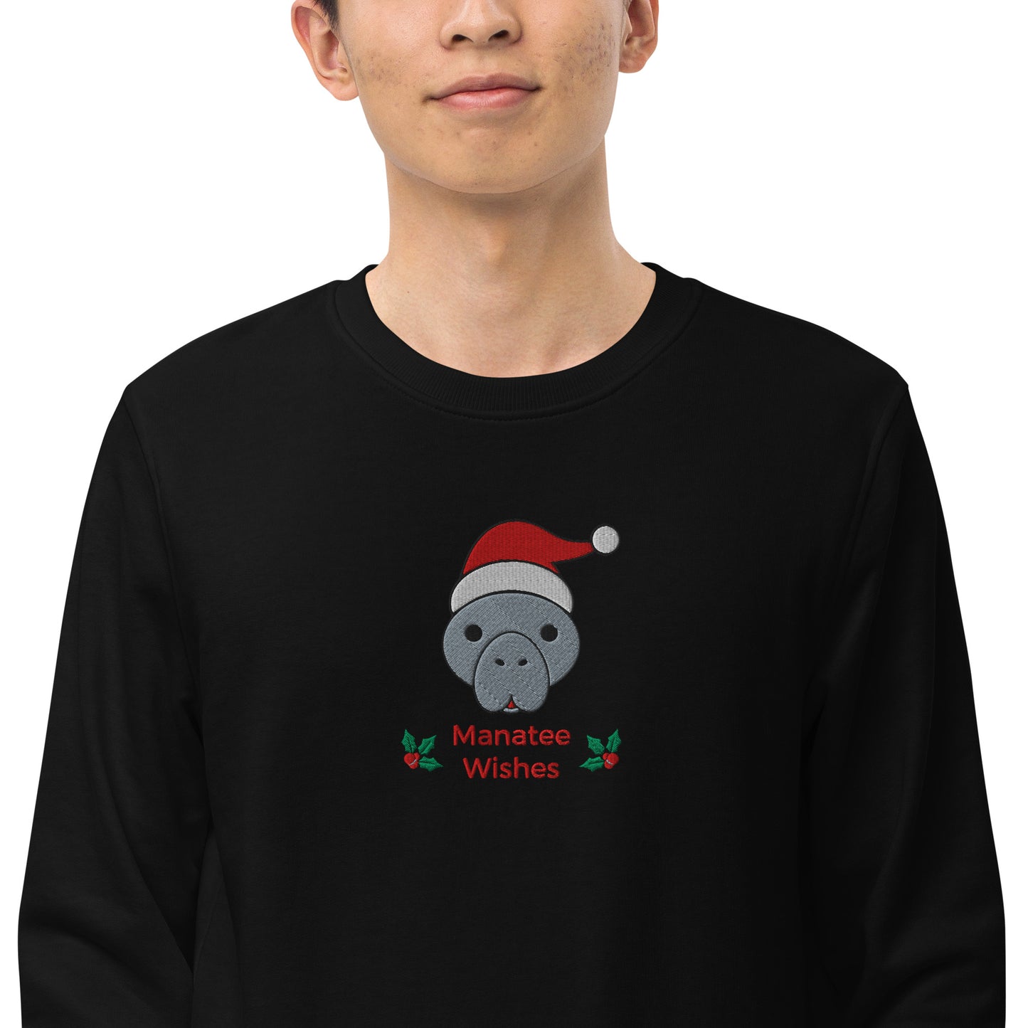 Manatee Holiday Wishes Christmas Eco Friendly Embroidered Crewneck Sweatshirt