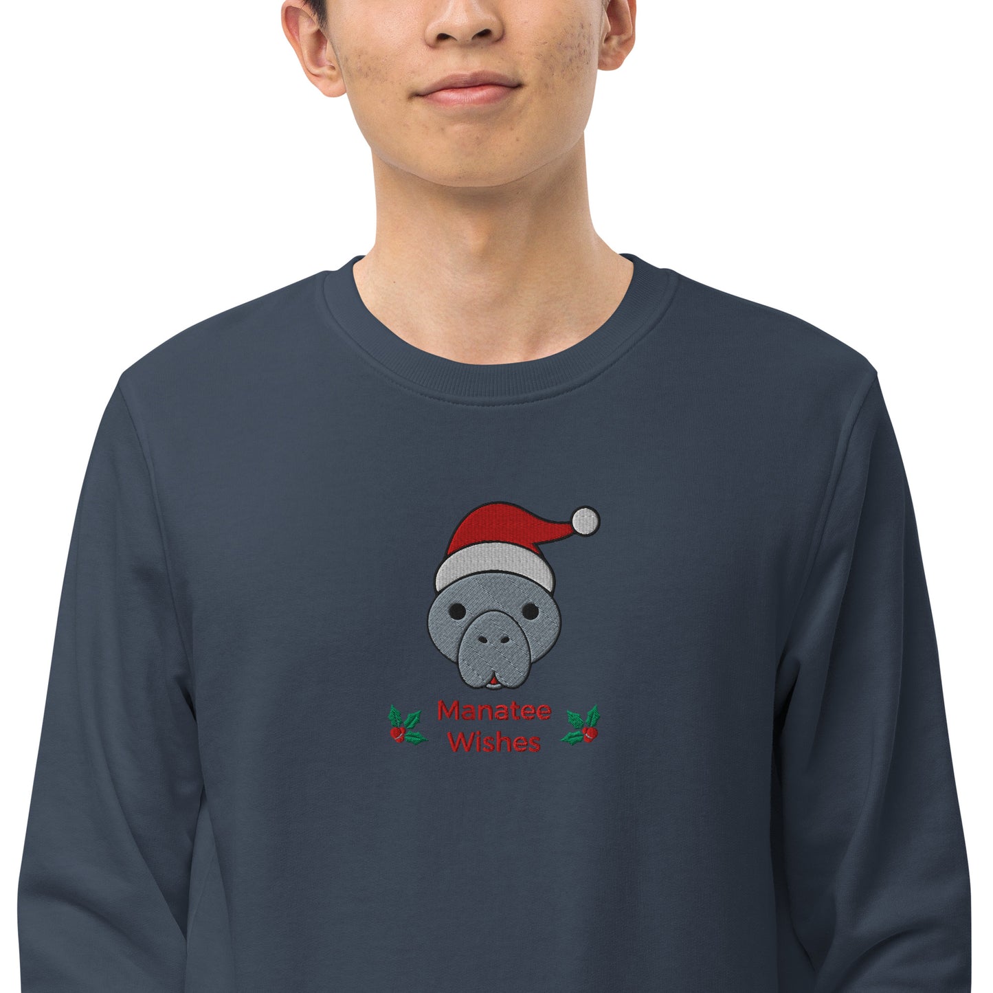 Manatee Holiday Wishes Christmas Eco Friendly Embroidered Crewneck Sweatshirt