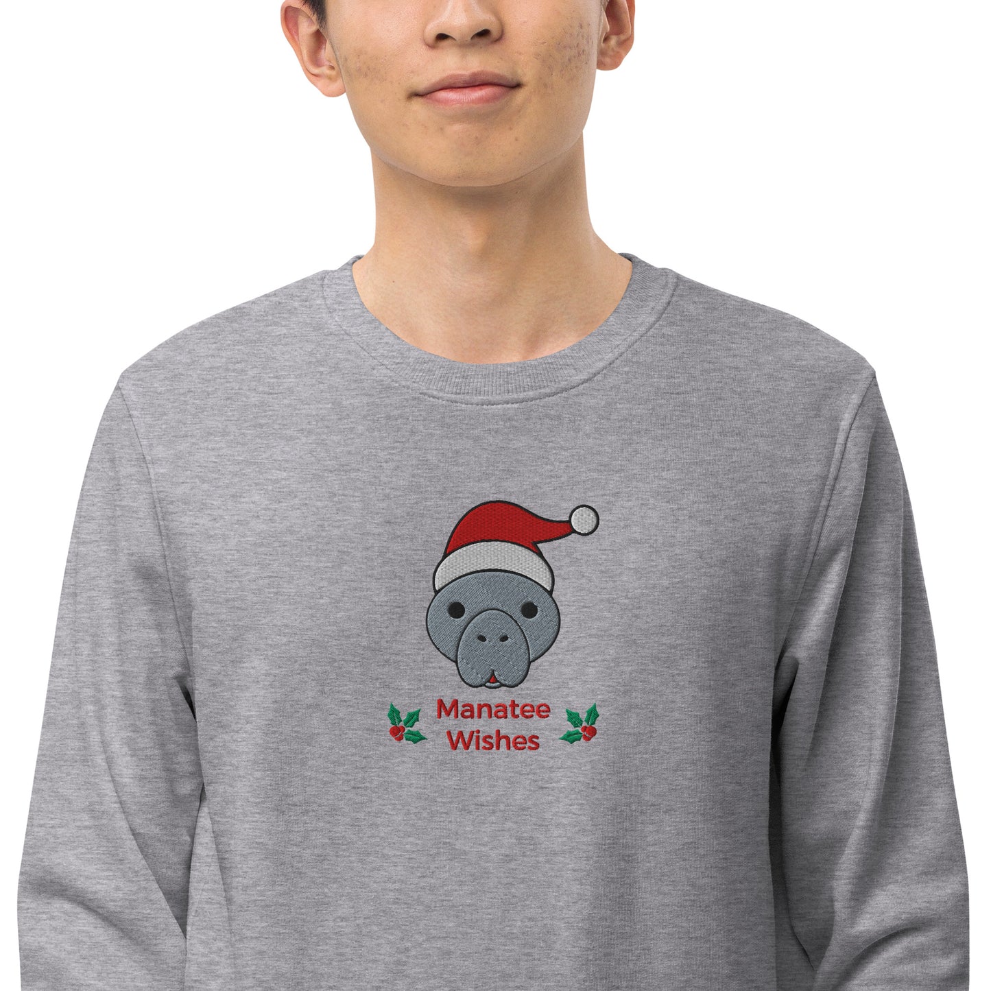 Manatee Holiday Wishes Christmas Eco Friendly Embroidered Crewneck Sweatshirt