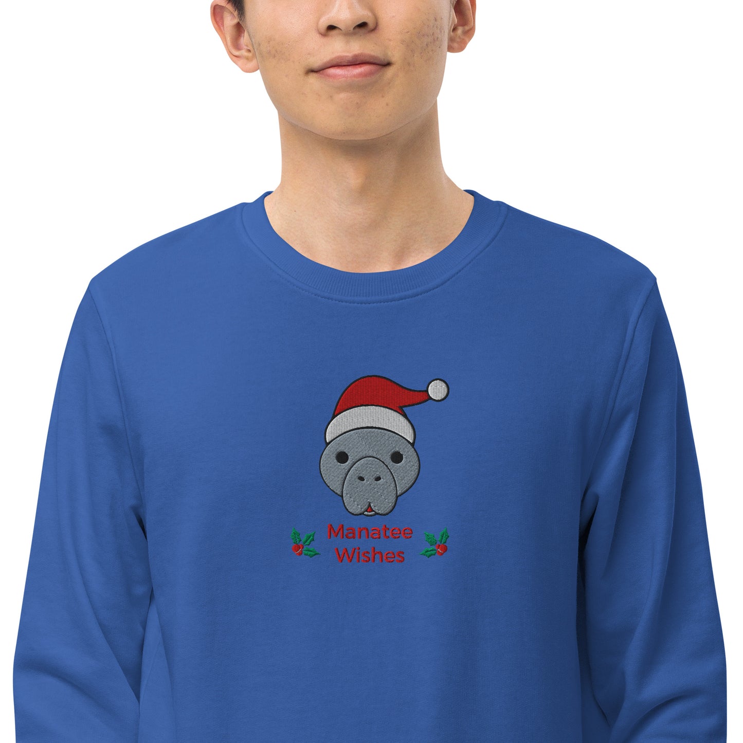 Manatee Holiday Wishes Christmas Eco Friendly Embroidered Crewneck Sweatshirt