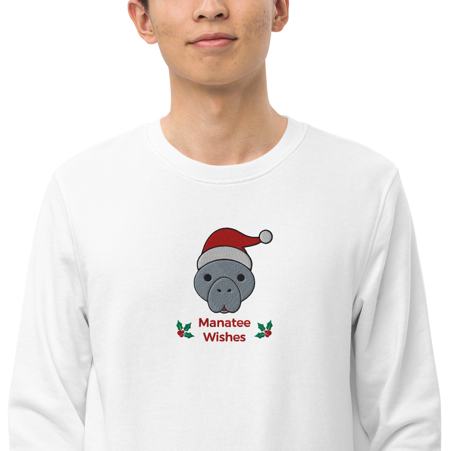 Manatee Holiday Wishes Christmas Eco Friendly Embroidered Crewneck Sweatshirt