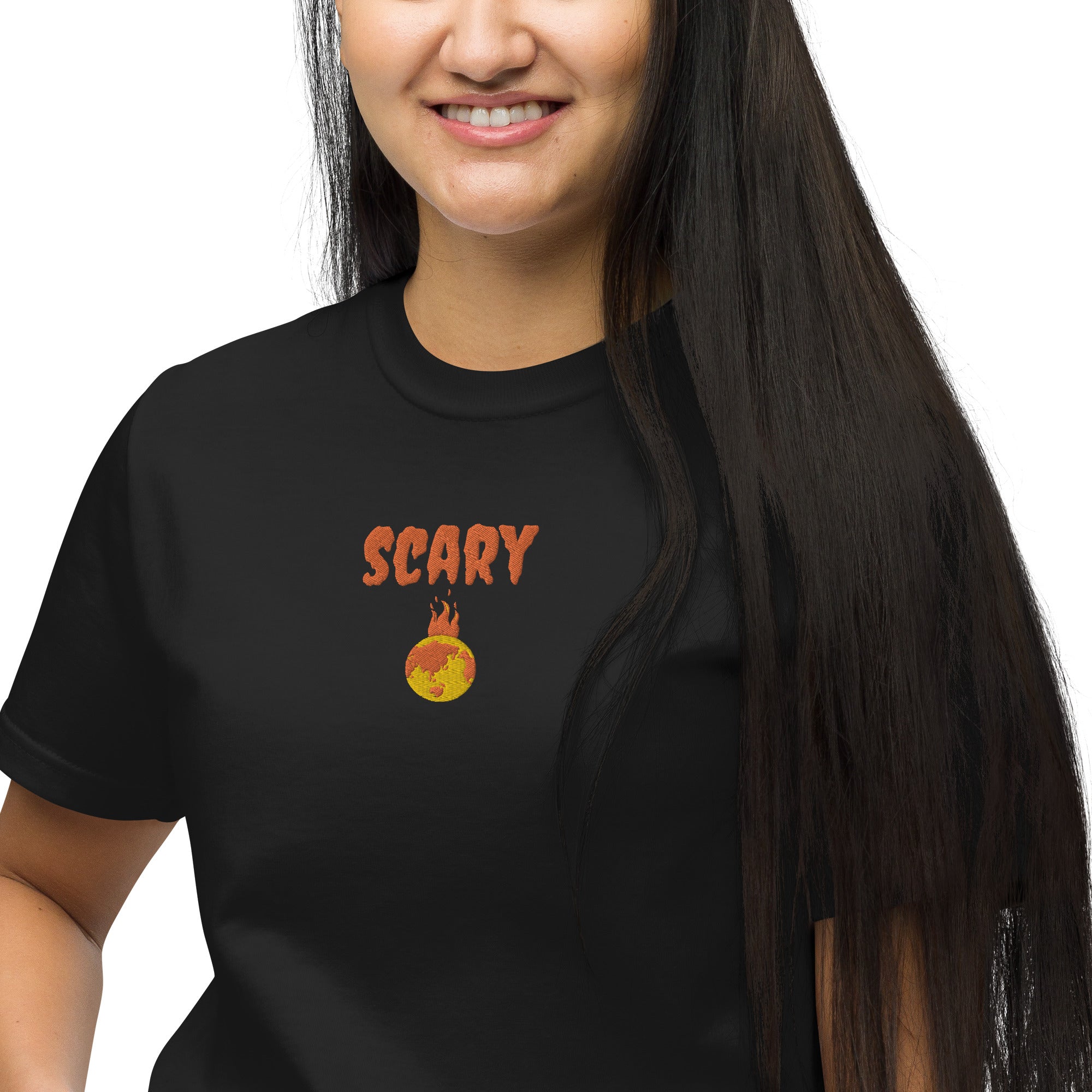 Halloween Embroidered Scary Warming Planet Unisex Black Eco Friendly T Shirt