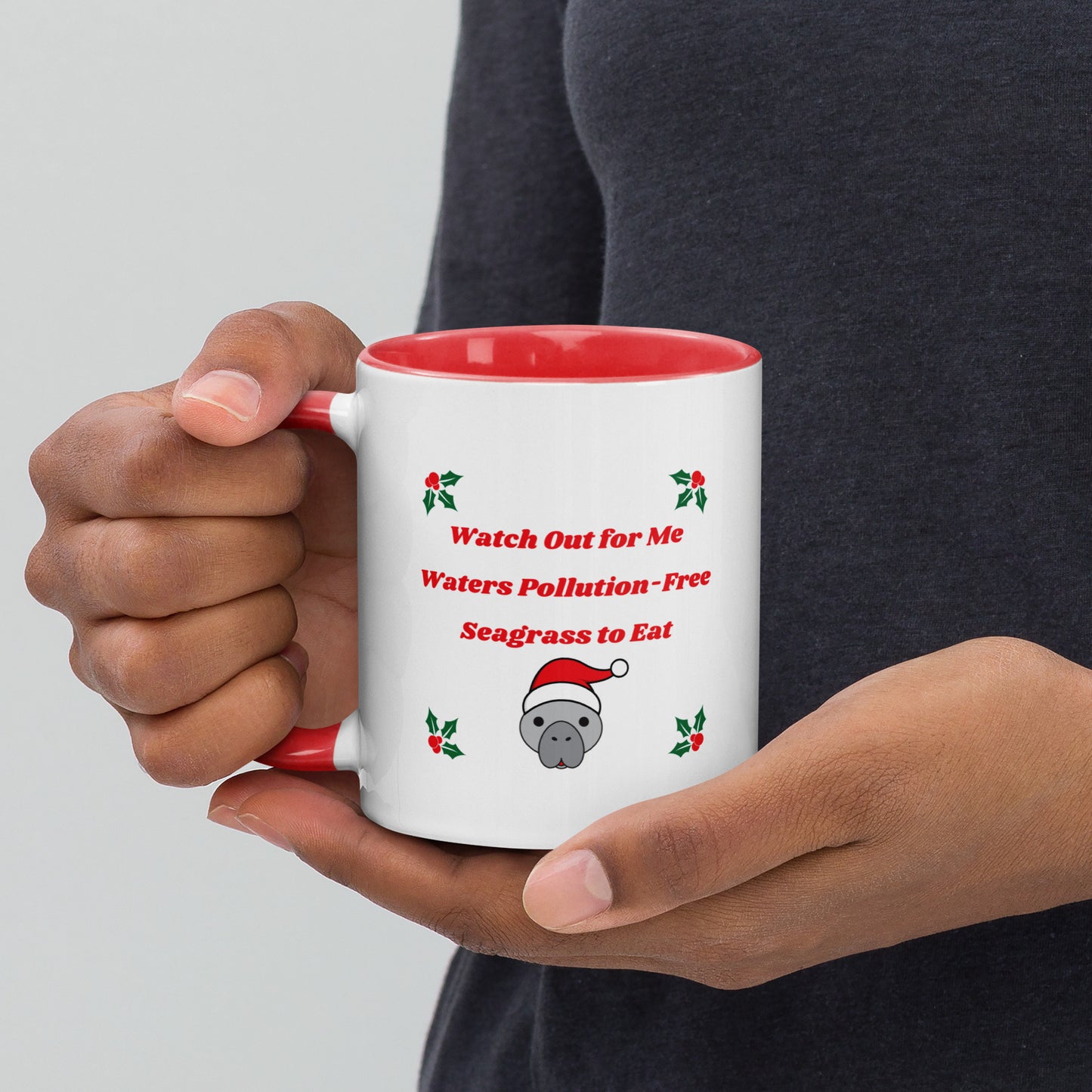 Manatee Holiday Wishes Christmas Ceramic Mug with Color Inside
