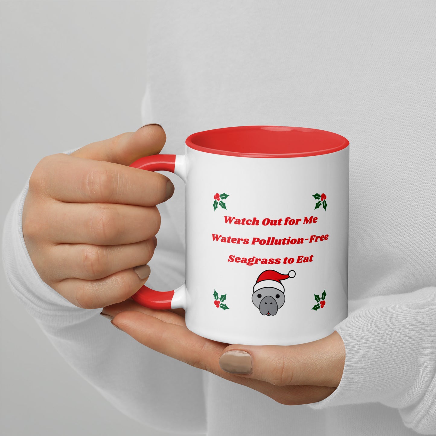 Manatee Holiday Wishes Christmas Ceramic Mug with Color Inside