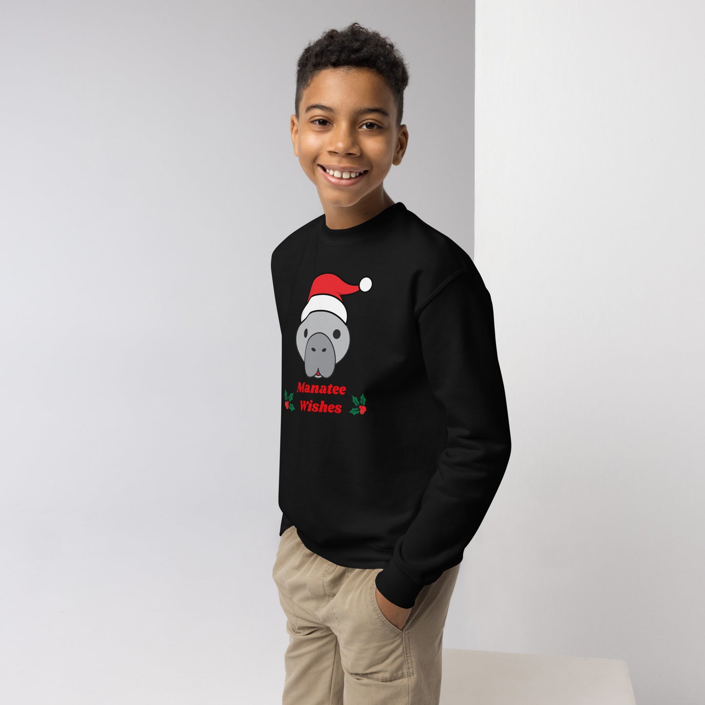 Manatee Holiday Wishes Christmas Kids Graphic Crewneck Sweatshirt