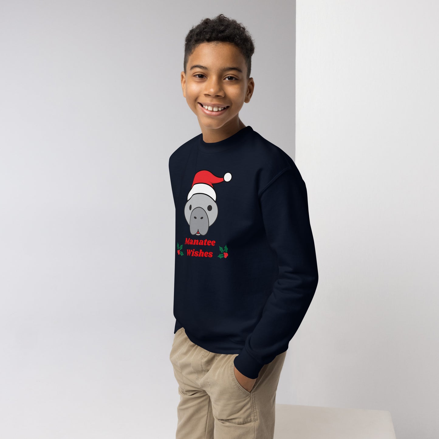 Manatee Holiday Wishes Christmas Kids Graphic Crewneck Sweatshirt