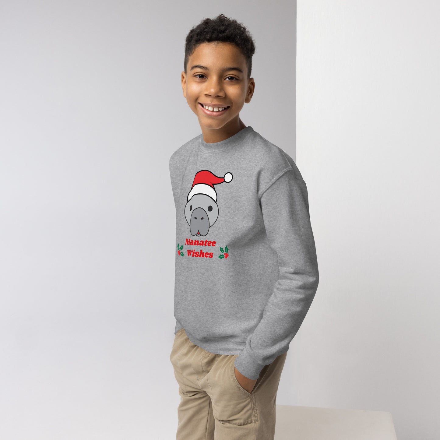 Manatee Holiday Wishes Christmas Kids Graphic Crewneck Sweatshirt
