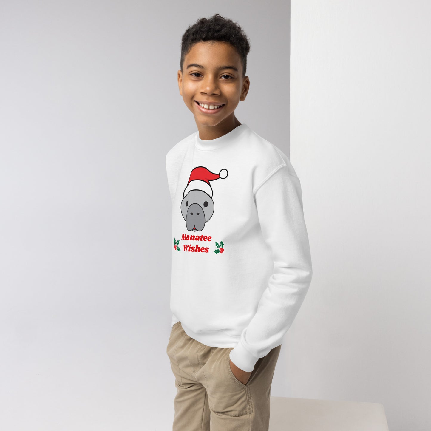 Manatee Holiday Wishes Christmas Kids Graphic Crewneck Sweatshirt