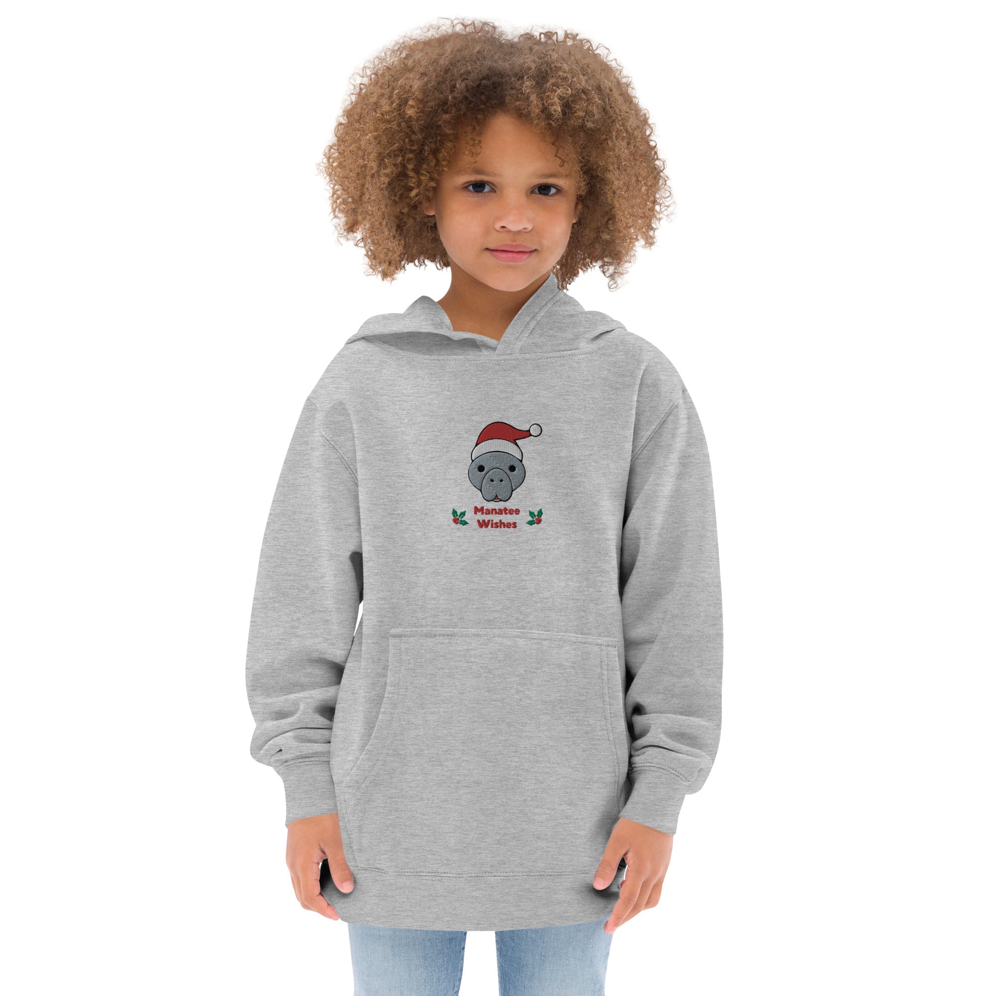 Embroidered Manatee Holiday Wishes Kids Christmas Hoodie