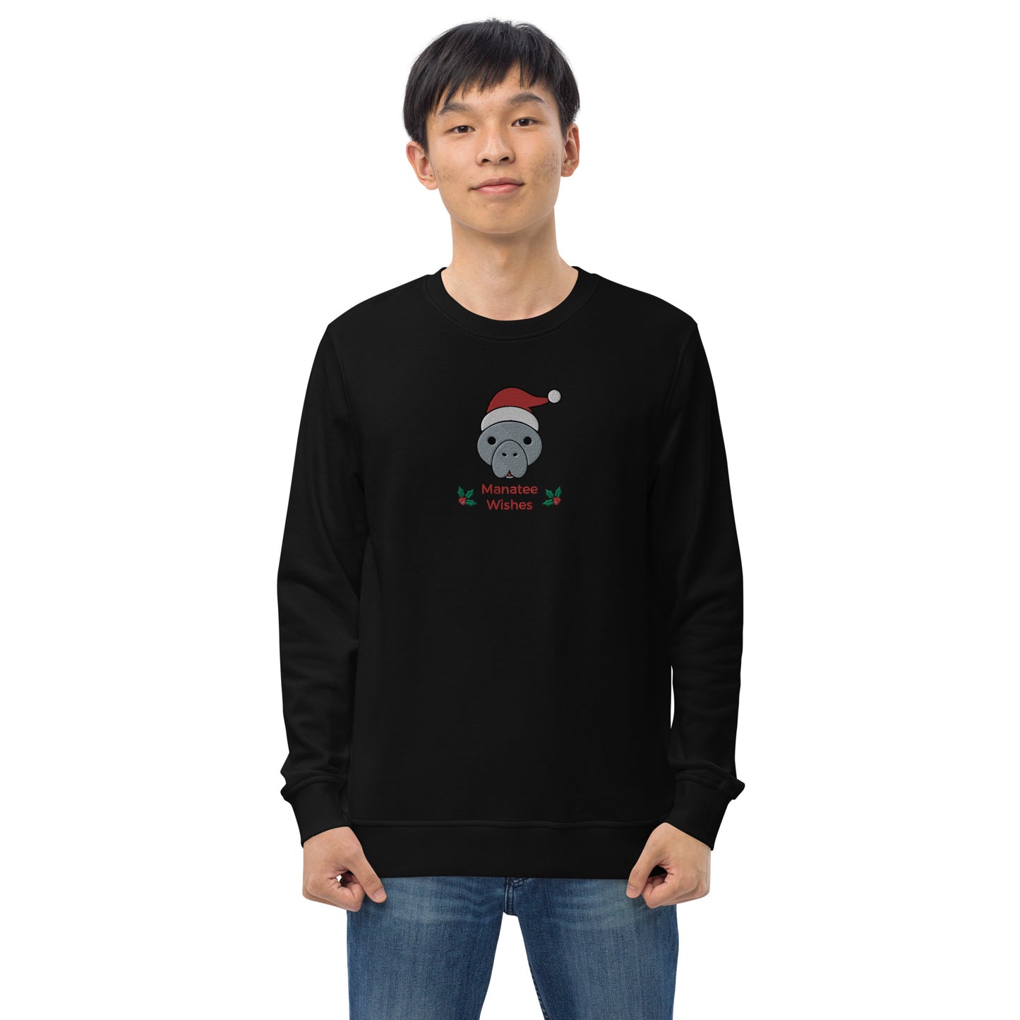Embroidered Manatee Holiday Wishes Sustainable Christmas Sweatshirt