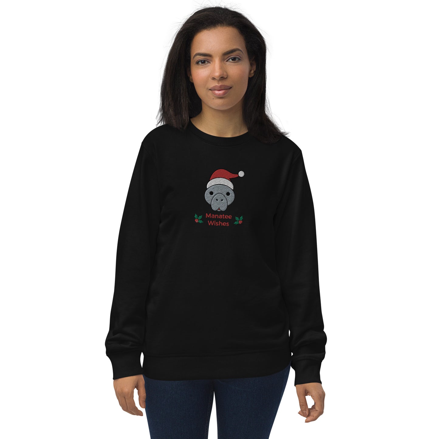 Embroidered Manatee Holiday Wishes Sustainable Christmas Sweatshirt