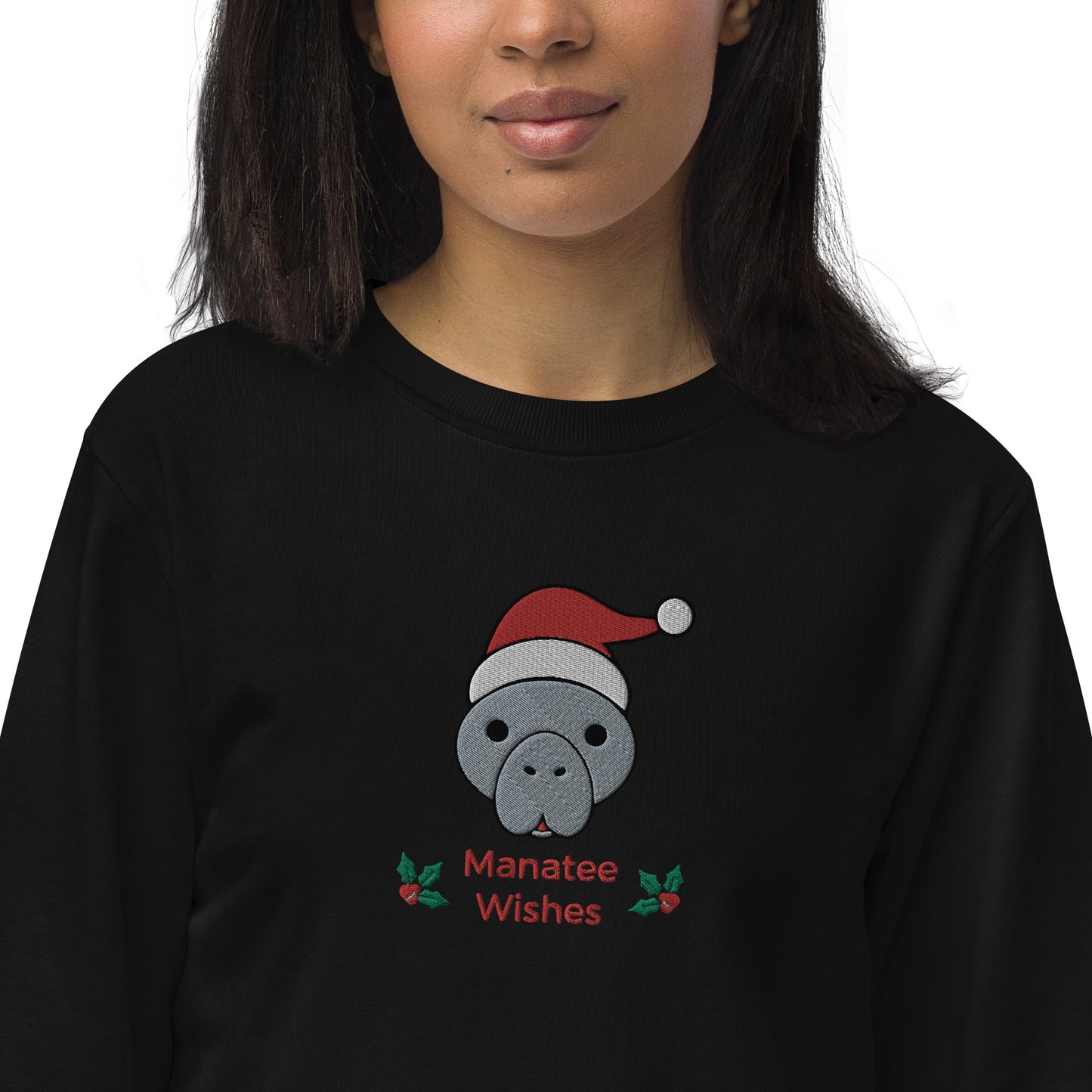 Embroidered Manatee Holiday Wishes Sustainable Christmas Sweatshirt