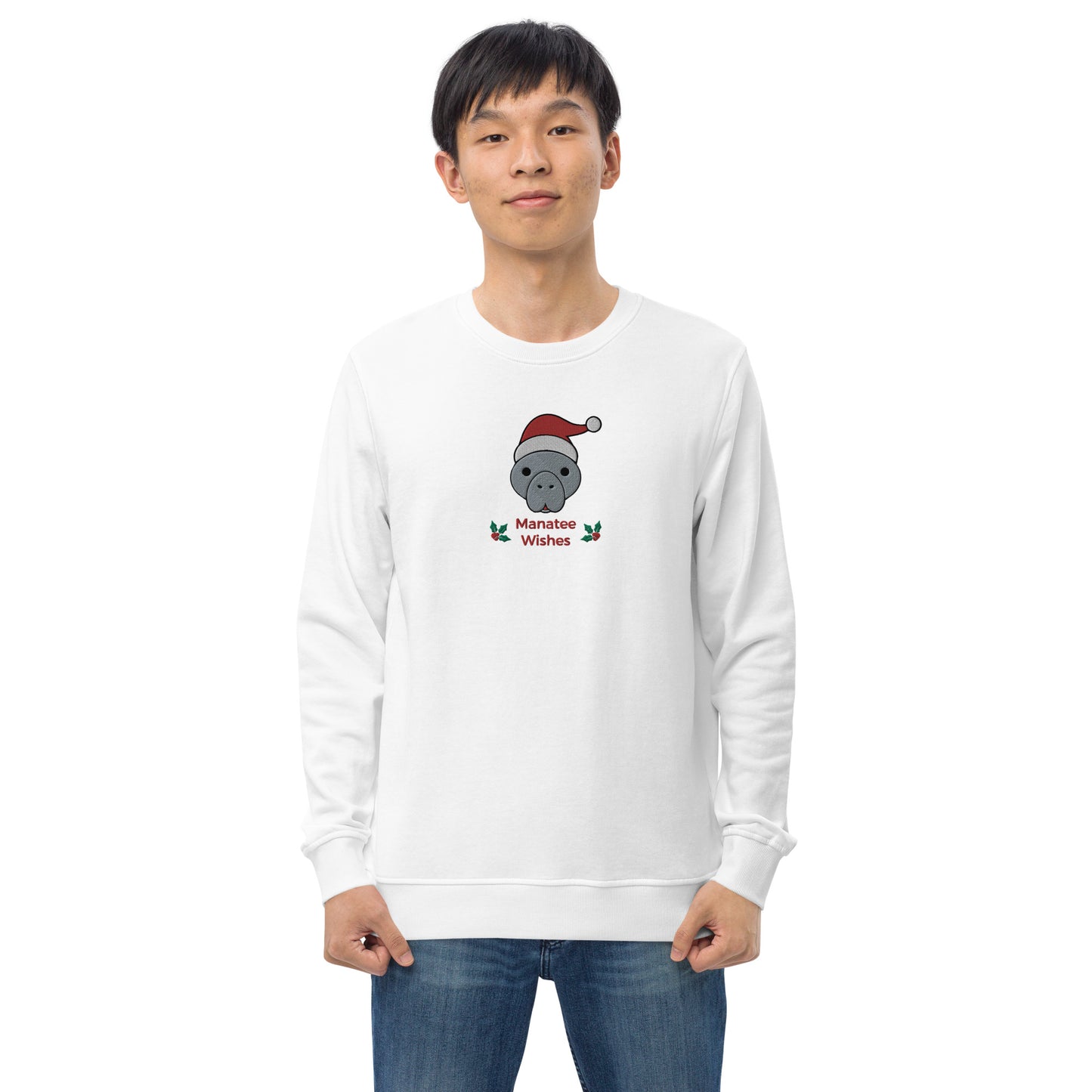 Embroidered Manatee Holiday Wishes Sustainable Christmas Sweatshirt