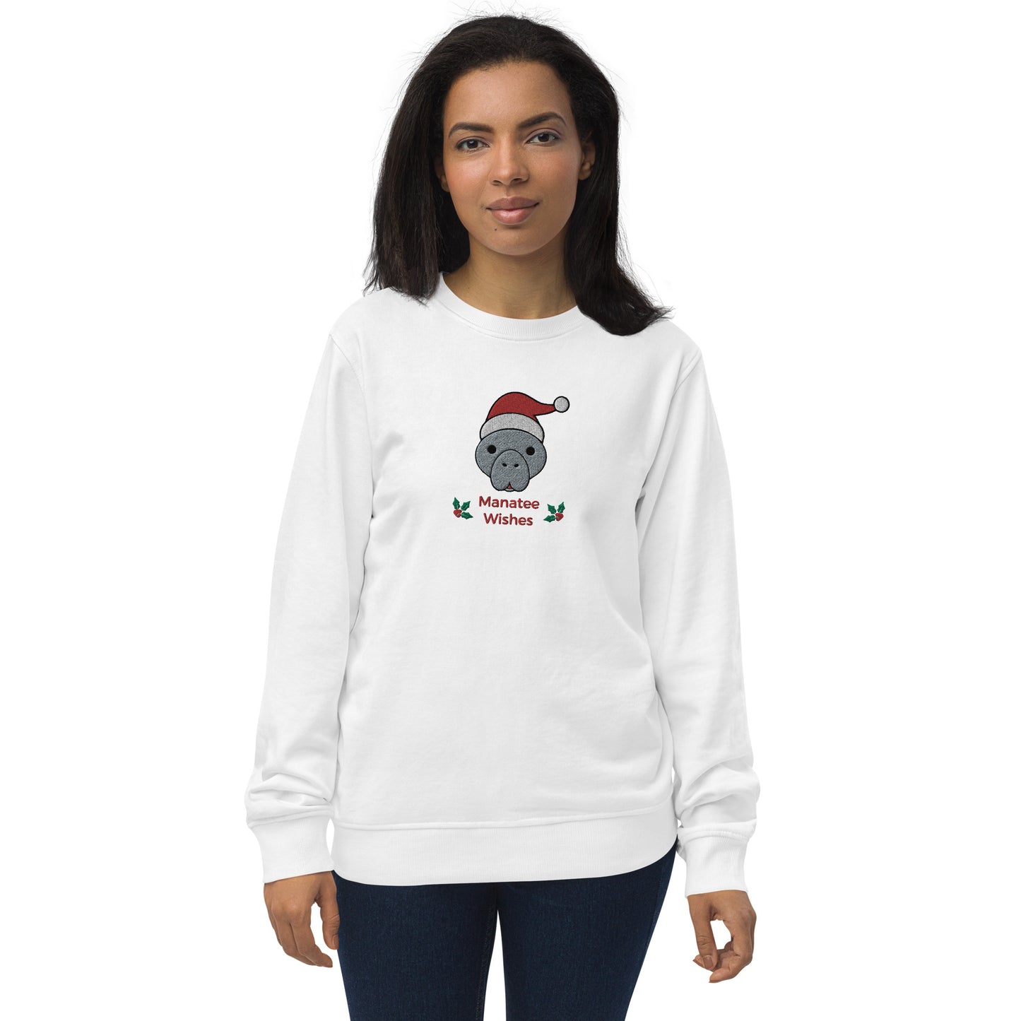 Embroidered Manatee Holiday Wishes Sustainable Christmas Sweatshirt