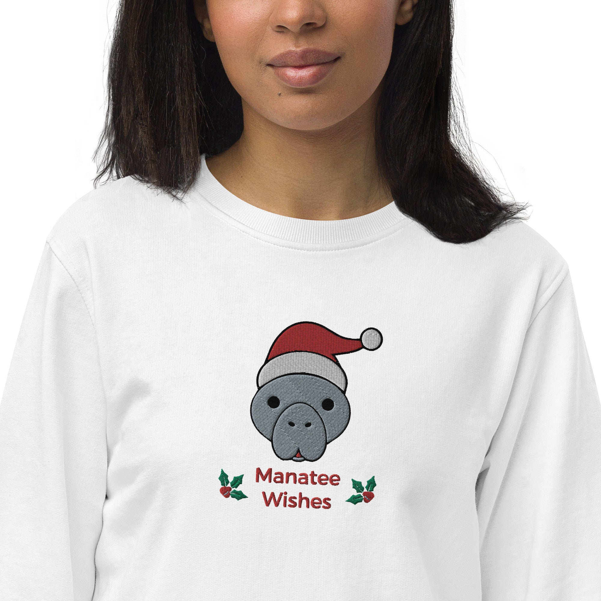 Embroidered Manatee Holiday Wishes Sustainable Christmas Sweatshirt